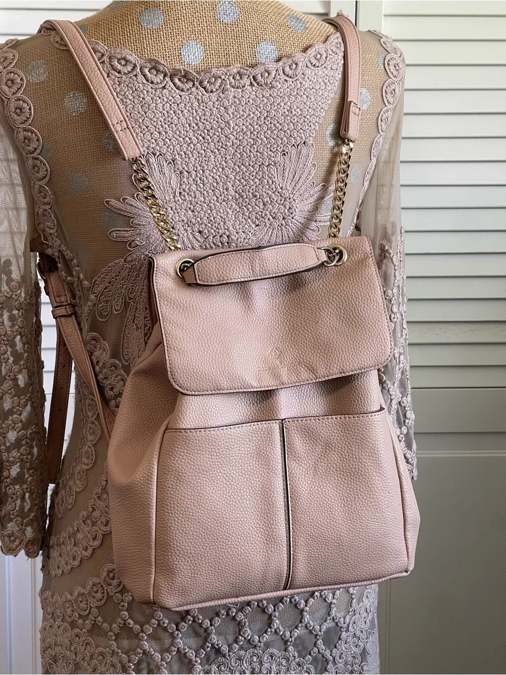 Nanette Lepore pebbled beige pink vegan leather backpack